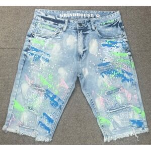 Grindhouse Men's Distressed Graffiti  5 Pocket Denim Jean Shorts Size‎ 34